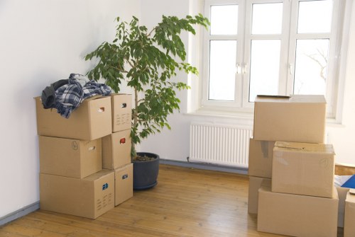 Office furniture and equipment being prepared for a commercial move
