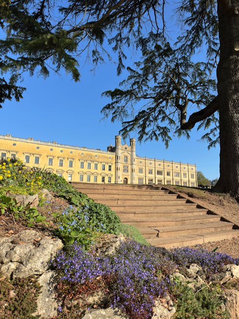 A view of Addington Palace seen from a low angle on a sunny day, with wooden steps leading up towards the grand yellow building. The foreground features a rock garden with purple and yellow flowering 