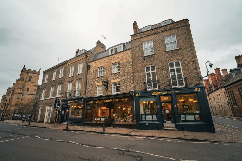 A three-storey brick building situated on a street corner, featuring large ground-floor windows displaying a café or shop interior illuminated with warm lighting. The shop signage reads 'Fitzville,' a