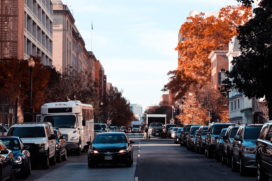 A city street scene during daytime with rows of parked vehicles including sedans, vans, and a small truck along both sides of the road. The street is lined with multi-storey buildings, some with brick facades and large windows, typical of urban residential or commercial areas. On the left, a white van is parked close to the curb, with the side doors likely used for loading or unloading household items. Behind it, several other cars are stationary, while on the right side, more vehicles including an SUV and a van are parked parallel to the pavement. In the background, a vehicle is seen moving along the road, and further down, the street continues with additional parked cars and a few pedestrians visible. Large trees with orange and reddish foliage are present along the sidewalk, indicating an autumn setting. The scene is well-lit with natural daylight, suggesting clear weather, and the overall environment conveys the typical surroundings of an urban area suitable for home relocation or furniture transport services offered by Man with Van Addington, assisting with efficient moving logistics and packing and loading processes.
